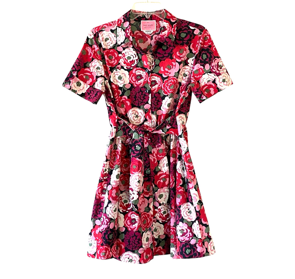 KATE SPADE Women's Size Medium Red Pink Rosette Blooms Tie-Waist Shirt Dress